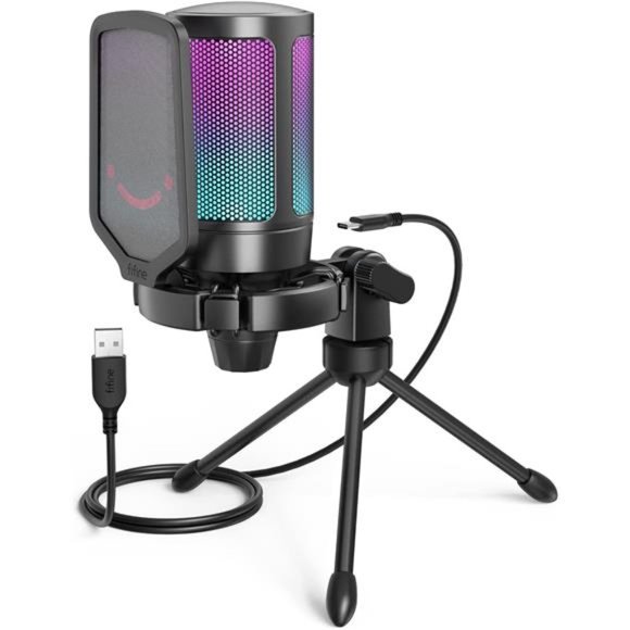 Gaming USB Microphone for PC PS5, Condenser Mic with Quick Mute, RGB Indicator